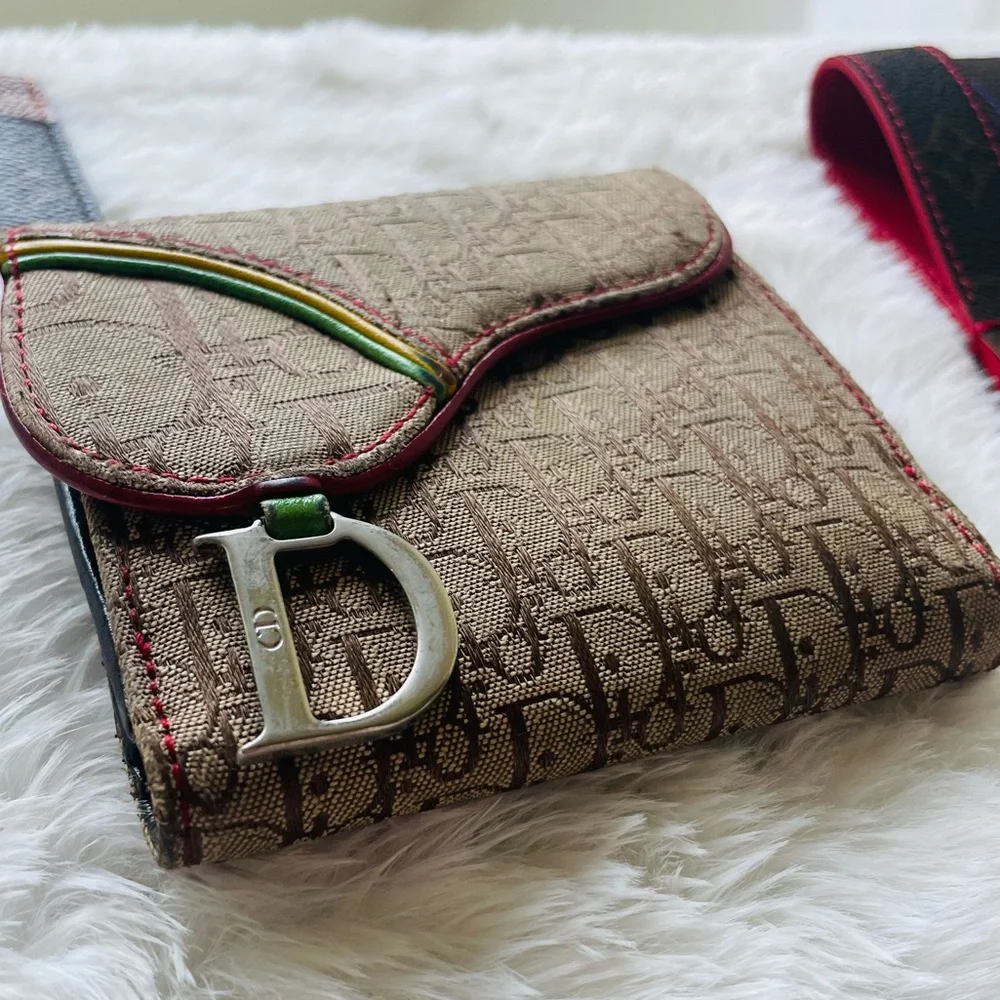 CHRISTIAN DIOR 🤍 Y2K 💙 DIORISSIMO CANVAS RASTA SADDLE WALLET ❤️ RARE 💛